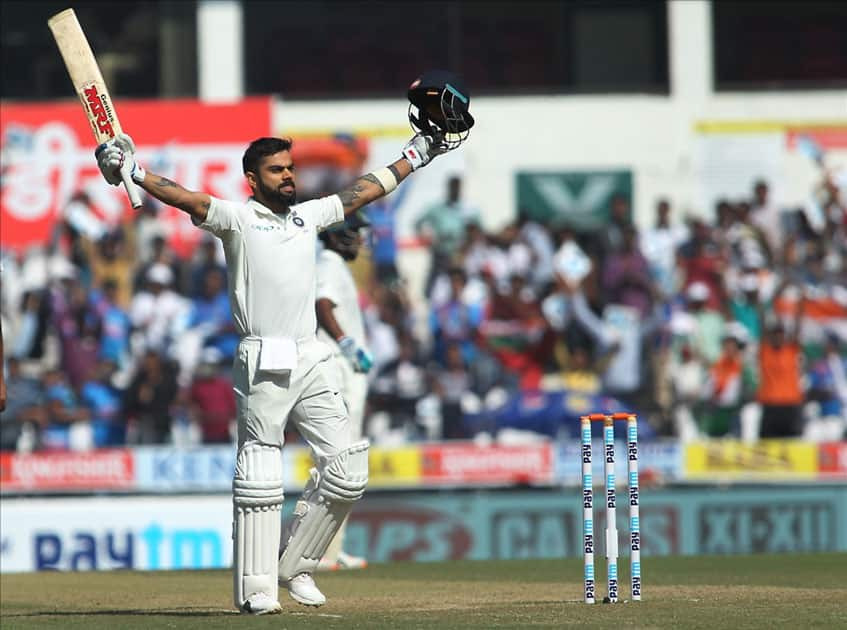 Indian skipper Virat Kohli celebrates his century on Day 3 of the second test match between India and Sri Lanka at Vidarbha Cricket Association Stadium in Nagpur.