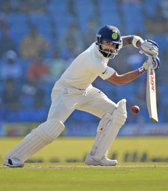 Indian captain Virat Kohli plays a shot on the third day of 2nd test match against Sri Lanka in Nagpur.