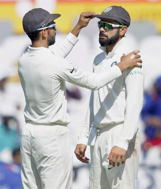 Indian captain Virat Kohli and Ajinkya Rahane during 4th day of the 2nd cricket test match against Sri Lanka in Nagpur.