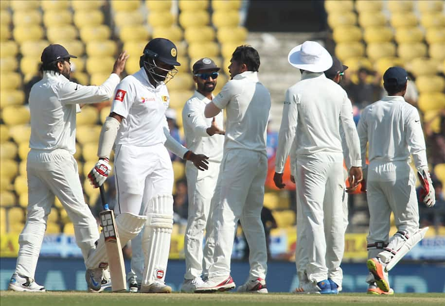 Indian captain Virat Kohli celebrates fall of Lahiru Thirimanne's wicket on Day 4 of the second test match between India and Sri Lanka at Vidarbha Cricket Association Stadium in Nagpur.