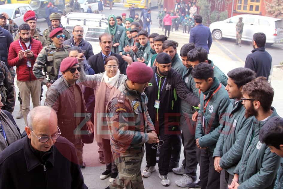 M S Dhoni, Great Indian cricketer and Honorary Lt Col of Indian Army visited the Delhi Public School Srinagar today and interacted with teachers and students of the school.