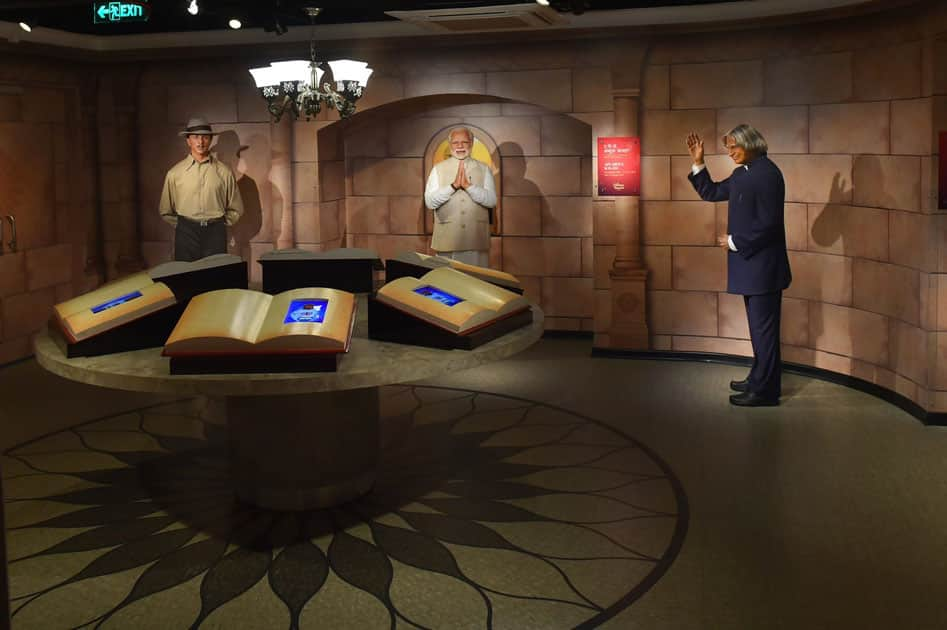 Wax figures of Prime Minister Narendra Modi, Shaheed Bhagat Singh and former President APJ Abdul Kalam displayed at Madame Tussauds Wax Museum, during a press preview in New Delhi.