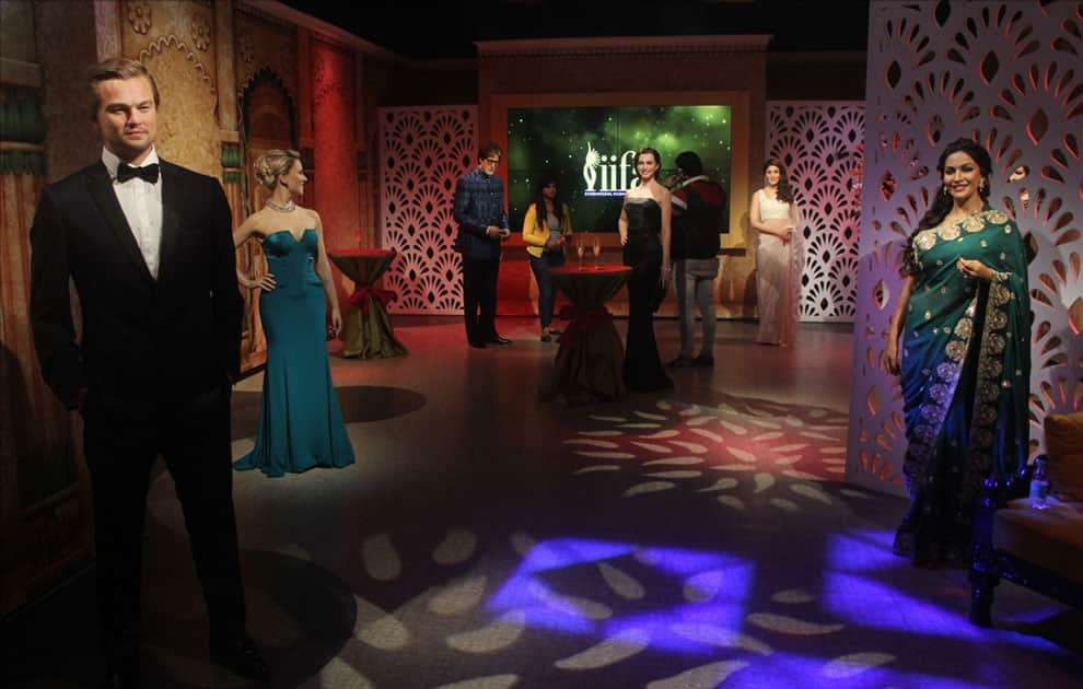 Wax statues of actors Leonardo DiCaprio, Anne Hathaway, Amitabh Bachchan, Scarlett Johansson, Kareena Kapoor and Madhuri Dixit at Madame Tussauds Wax Museum in New Delhi.