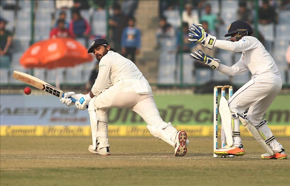 India's Murali Vijay in action during Day 1 of the third test match between India and Sri Lanka at Feroz Shah Kotla Stadium in New Delhi.