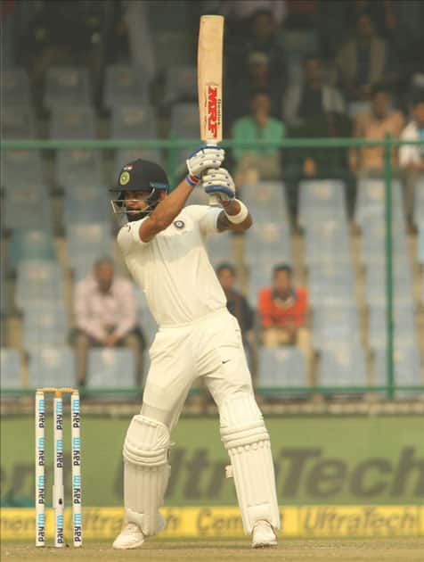 Indian skipper Virat Kohli in action on Day 1 of the third test match between India and Sri Lanka at Feroz Shah Kotla Stadium in New Delhi.