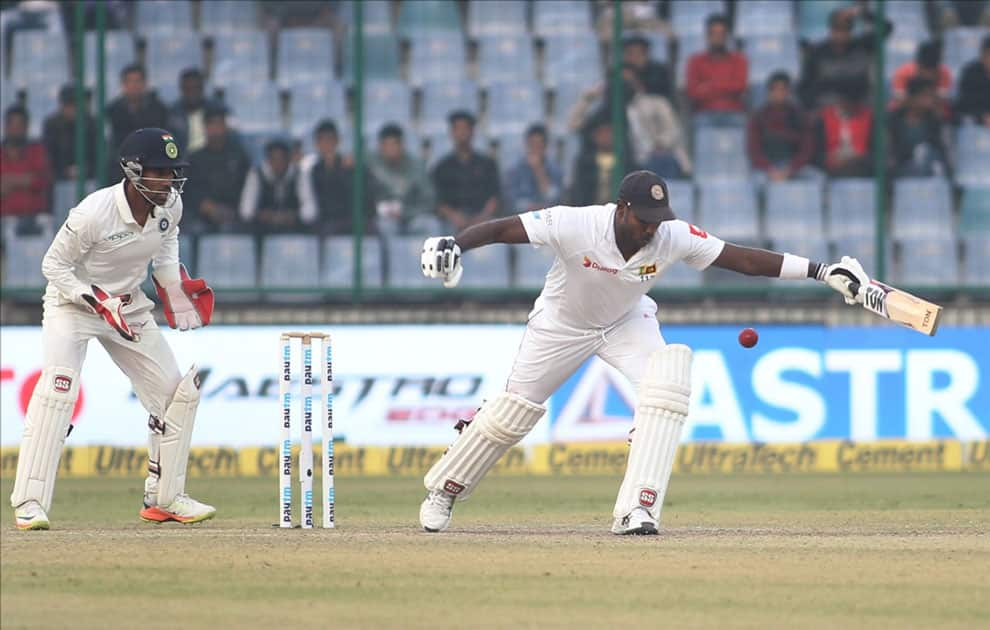 Sri Lanka's Angelo Mathews in action on Day 2 of the third test match between India and Sri Lanka at Feroz Shah Kotla Stadium in New Delhi.