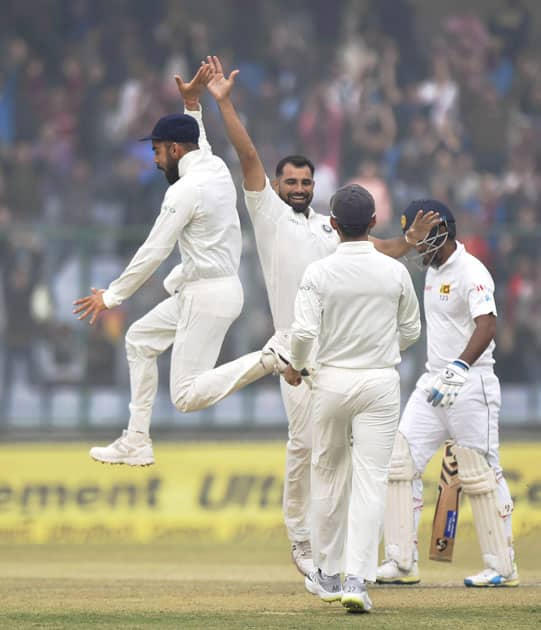 Indian bowler Mohammed Shami along with skipper Virat Kohli and a teammate elebrates the wicket of Sri Lanka's Dimuth Karunaratne during the second day of the third cricket test match at Feroz Shah Kotla, in New Delhi.