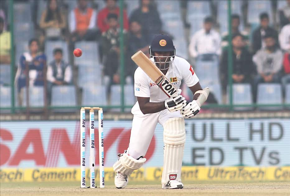 Sri Lanka's Angelo Mathews in action on Day 2 of the third test match between India and Sri Lanka at Feroz Shah Kotla Stadium in New Delhi.