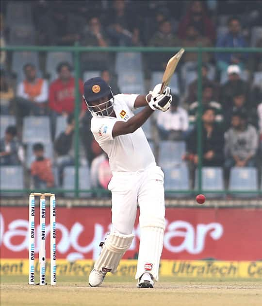 Sri Lanka's Angelo Mathews in action on Day 2 of the third test match between India and Sri Lanka at Feroz Shah Kotla Stadium in New Delhi.