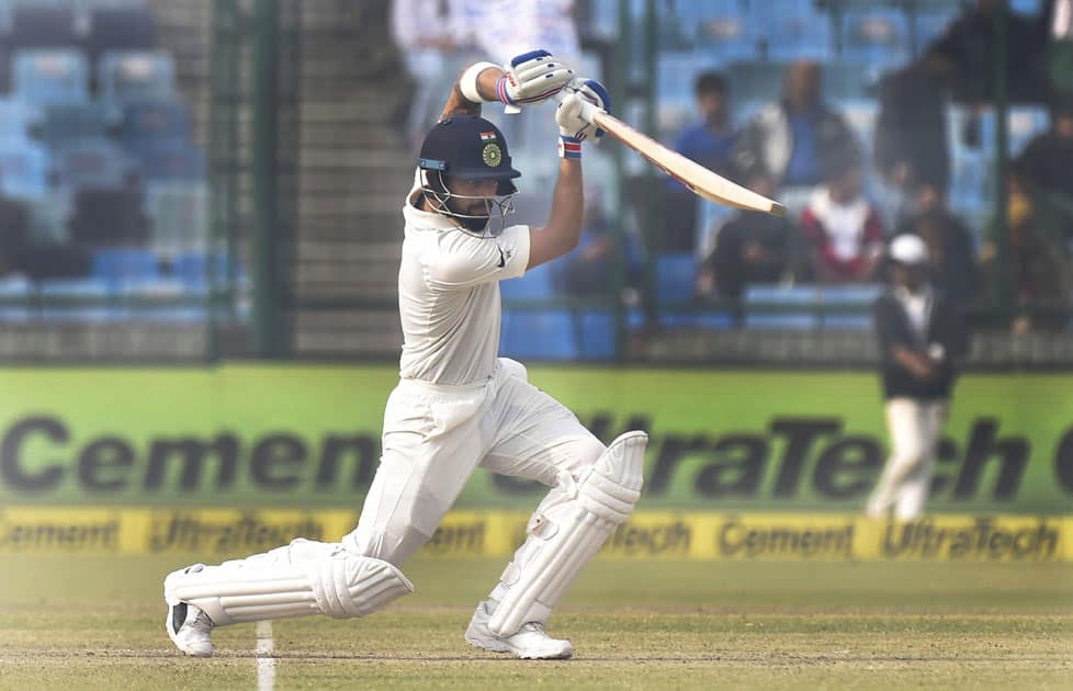 India's Virat Kohli plays a shot during the second day of the third cricket test match against Sri Lanka at Feroz Shah Kotla, in New Delhi.