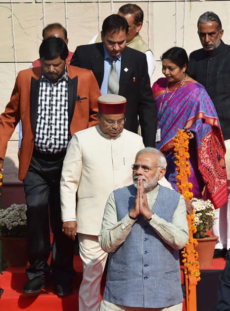 Prime Minister Narendra Modi with Union Minister for Social Justice and Empowerment, Thaawar Chand Gehlot and Moses Ramdas Athawale & Krishan Pal at the dedication of Dr. Ambedkar International Centre to the nation, in New Delhi.