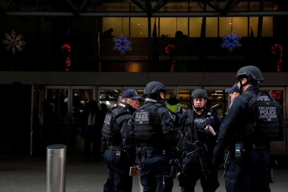 Members of the Port Authority Police Counter Terrorism Unit gather at the entrance of the New York Port Authority Bus Terminal following an attempted detonation during the morning rush hour, in New York City. Members of the Port Authority Police Counter Terrorism Unit gather at the entrance of the New York Port Authority Bus Terminal following an attempted detonation during the morning rush hour, in New York City.