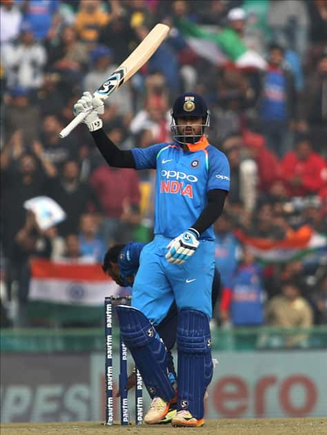 India's Shreyas Iyer celebrates his century during the 2nd One Day International (ODI) match between India and Sri Lanka at Punjab Cricket Association IS Bindra Stadium in Mohali.