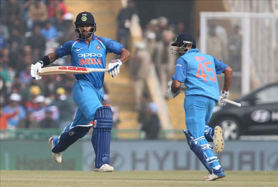 India's Shikhar Dhawan and Rohit Sharma during the 2nd One Day International (ODI) match between India and Sri Lanka at Punjab Cricket Association IS Bindra Stadium in Mohali.