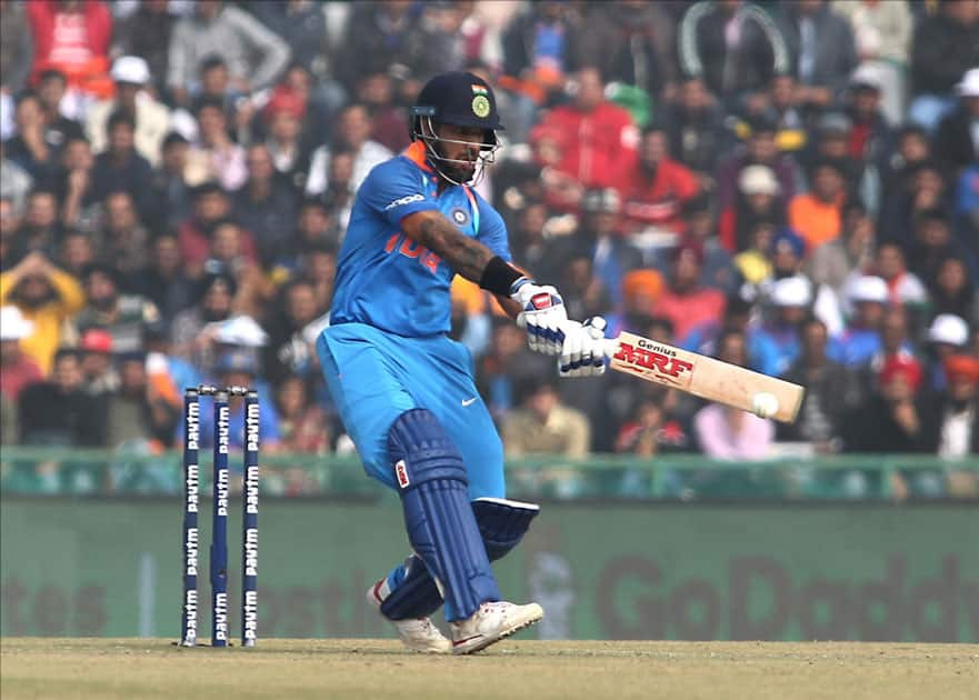 India's Shikhar Dhawan in action on the 2nd One Day International (ODI) match between India and Sri Lanka at Punjab Cricket Association IS Bindra Stadium in Mohali.