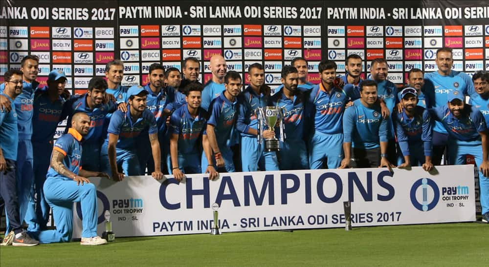 Indian players after winning the ODI series against Sri Lanka at Dr. Y.S. Rajasekhara Reddy ACA-VDCA Cricket Stadium in Visakhapatnam.