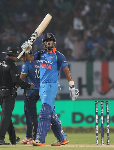 India's Shreyas Iyer celebrates his half-century during the third ODI between India and Sri Lanka at Dr. Y.S. Rajasekhara Reddy ACA-VDCA Cricket Stadium in Visakhapatnam.