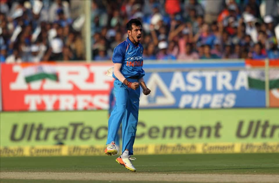 India's Yuzvendra Chahal celebrates fall of a wicket of Sri Lanka's Angelo Mathews during the third ODI between India and Sri Lanka at Dr. Y.S. Rajasekhara Reddy ACA-VDCA Cricket Stadium in Visakhapatnam.