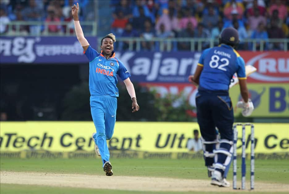 India's Hardik Pandya celebrates the dismissal of Sri lanka's Suranga Lakmal during the third ODI between India and Sri Lanka at Dr. Y.S. Rajasekhara Reddy ACA-VDCA Cricket Stadium in Visakhapatnam.