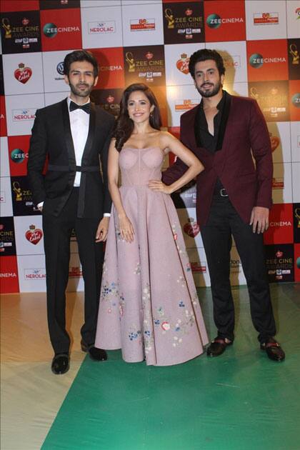 Actors Kartik Aaryan, Nushrat Bharucha and Sunny Singh at the red carpet of 