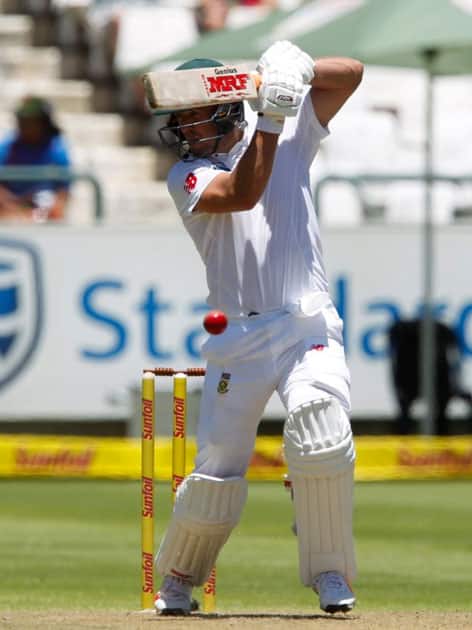 AB de Villiers plays a shot against India during the Ist day of the first cricket test match at Newlands Stadium in Cape Town, South Africa.