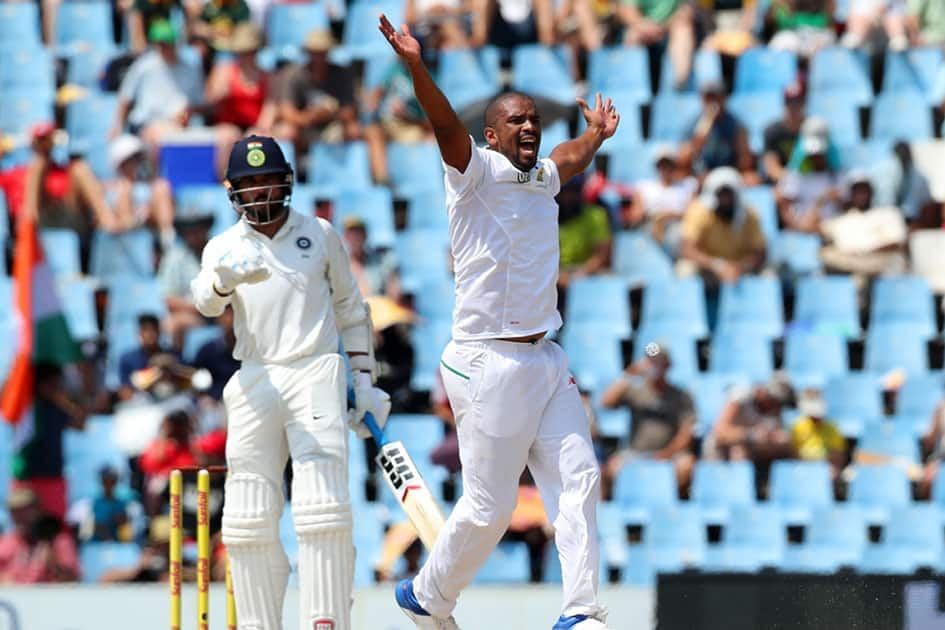 Vernon Philander of South Africa appeals for the wicket of Murali Vijay of India during the second day of the second Test match between South Africa and India at the Supersport park Cricket Ground in Centurion, South Africa.