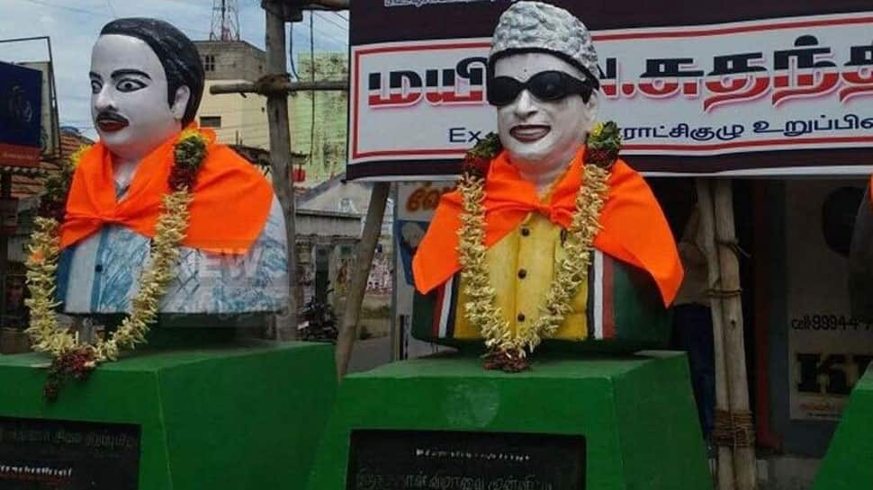 Saffron cloth tied to busts of former Tamil Nadu CMs Annadurai, MG Ramachandran