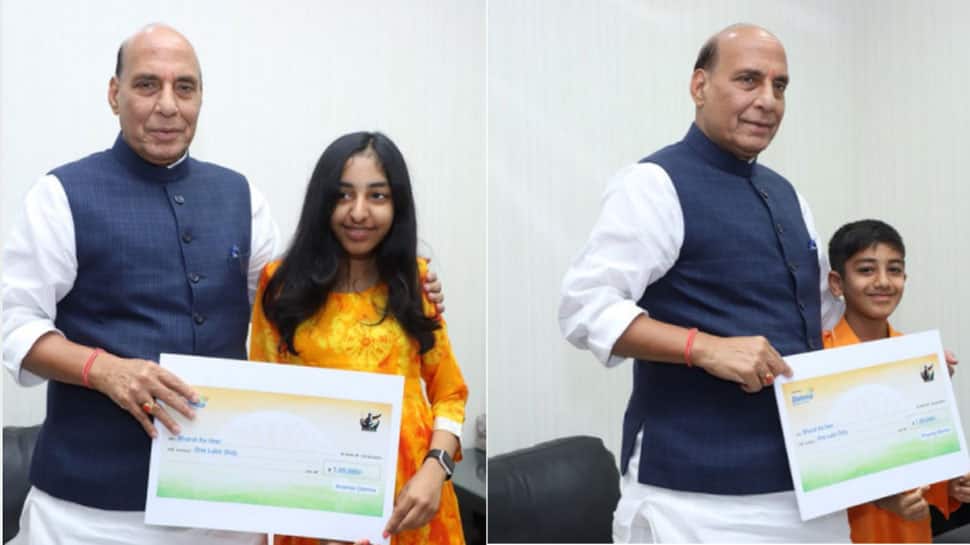 Rajnath Singh meets two kids who donated Rs 1 lakh each to &#039;Bharat Ke Veer&#039; fund
