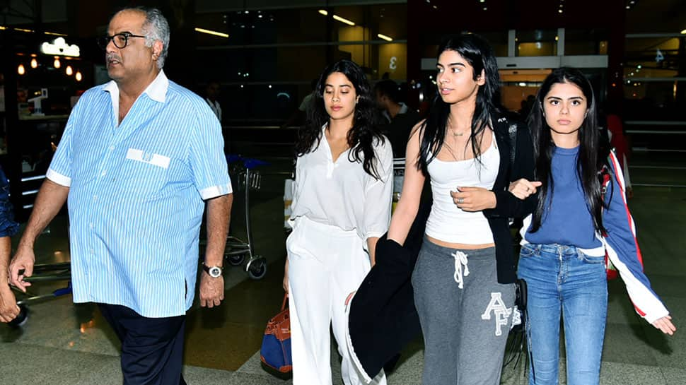 Janhvi, Khushi and Boney Kapoor reach Delhi to receive Sridevi&#039;s National Film Award—Photos