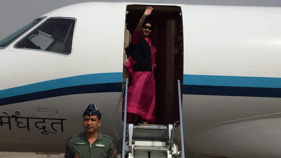Swaraj leaves for SA on 5-day visit; to attend BRICS, IBSA Swaraj leaves for SA on 5-day visit; to attend BRICS, IBSA