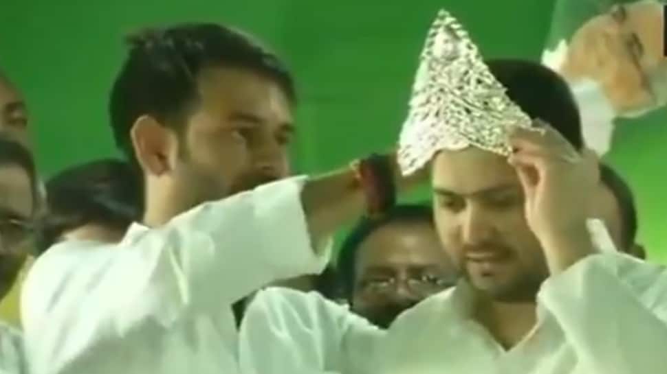 Watch: Tej Pratap Yadav brushes rift speculation aside by crowning Tejashwi Yadav