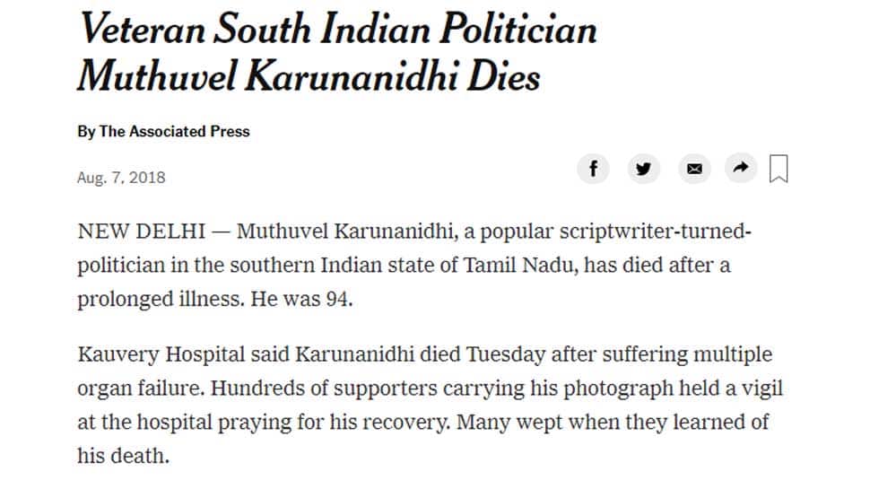 New York Times: Veteran South Indian Politician Muthuvel Karunanidhi Dies