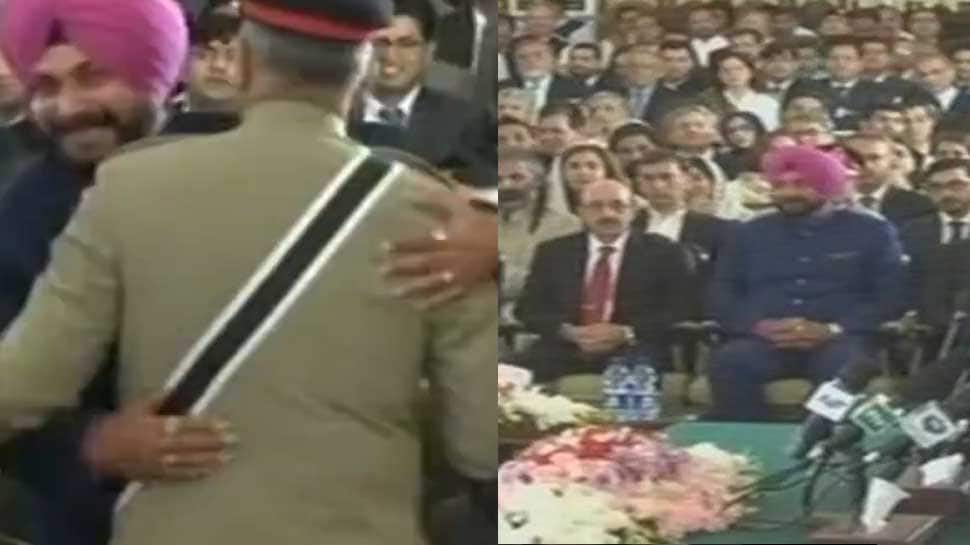Navjot Singh Sidhu hugs Pakistan Army chief Qamar Javed Bajwa, sits near PoK President at Imran Khan&#039;s swearing in ceremony