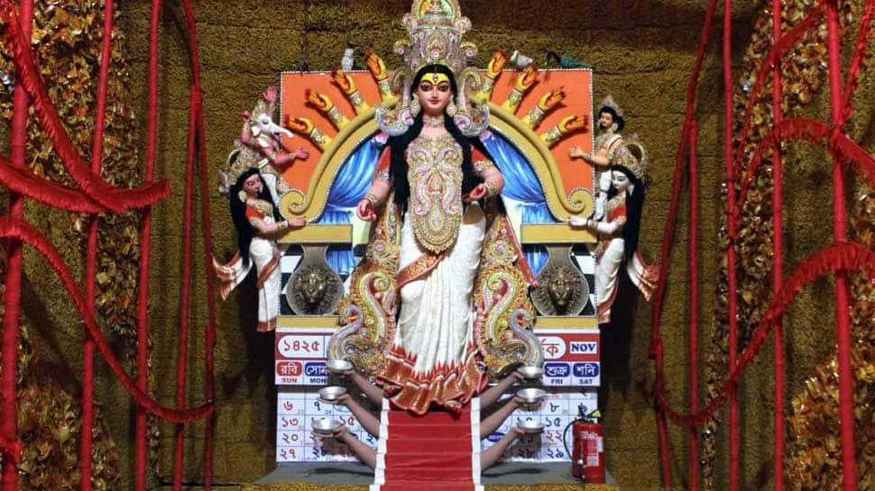 Now, a Durga puja pandal decorated with turmeric in Kolkata