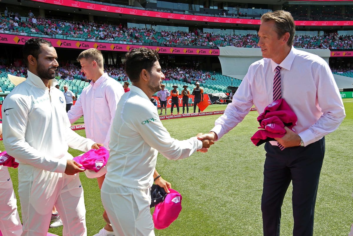 Indian cricketers present signed pink caps to Glenn McGrath in Sydney  