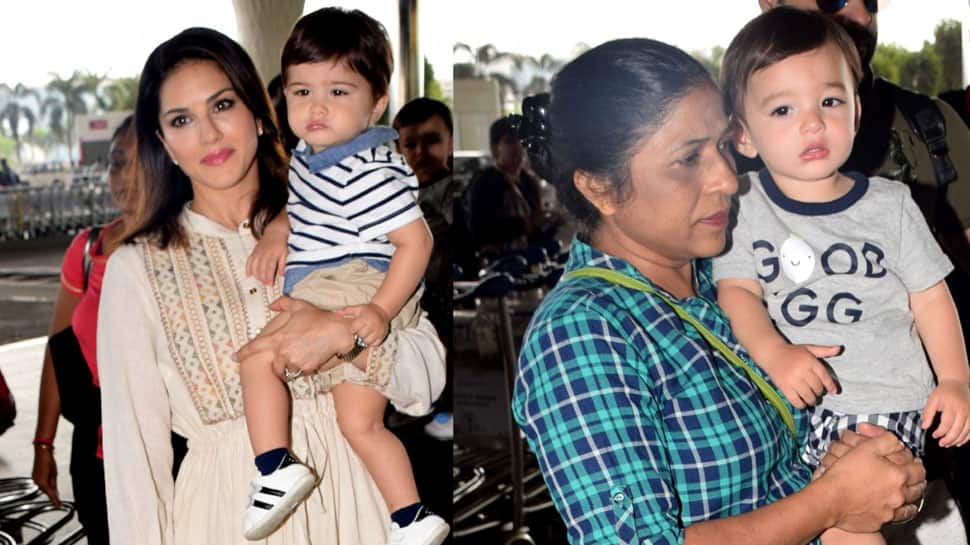 Sunny Leone&#039;s adorable twin boys hog the limelight at airport—See Pics