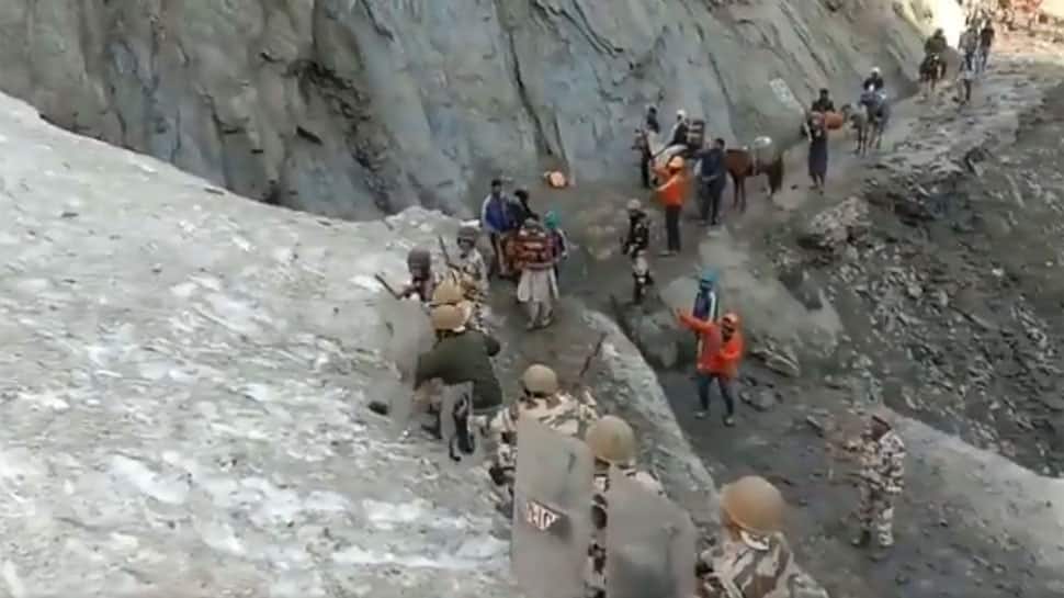 Watch: ITBP personnel brave stones at snow slope to protect Amarnath Yatris