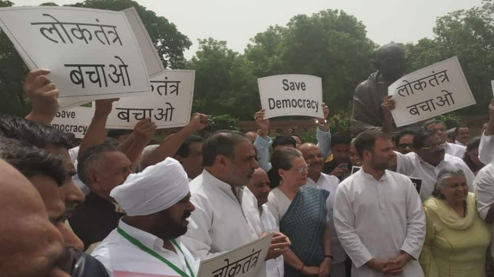 Congress stages protest outside Parliament, alleges democracy undermined in Karnataka and Goa