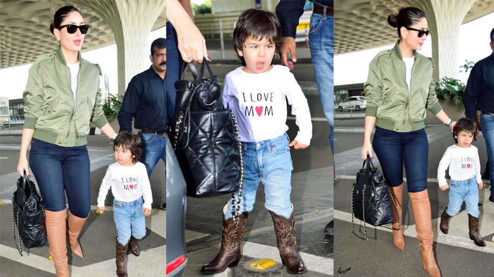 Taimur and mommy Kareena Kapoor Khan flaunt their love for boots at the airport—Photos