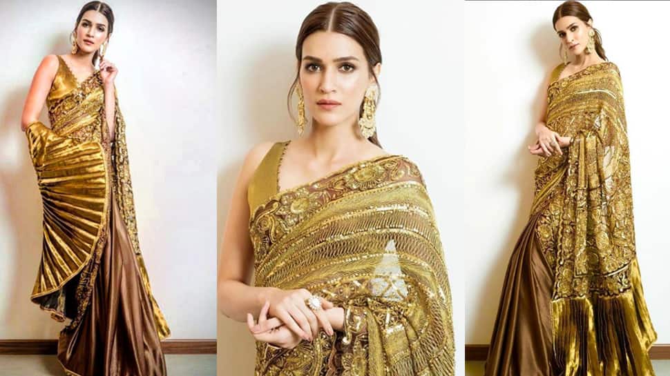 Kriti Sanon looks pure gold in a shimmering Manish Malhotra saree for Diwali celebrations—Photos