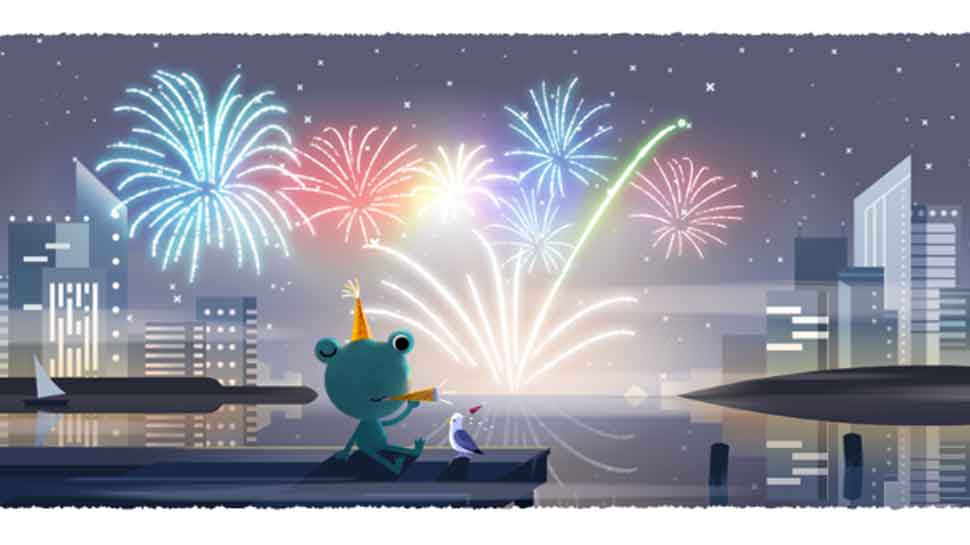 Google doodle welcomes new year with the weather frog and fireworks