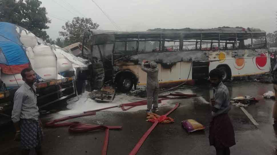 Tourist bus from Puri catches fire near Andhra Pradesh&#039;s Srikakulam; several injured