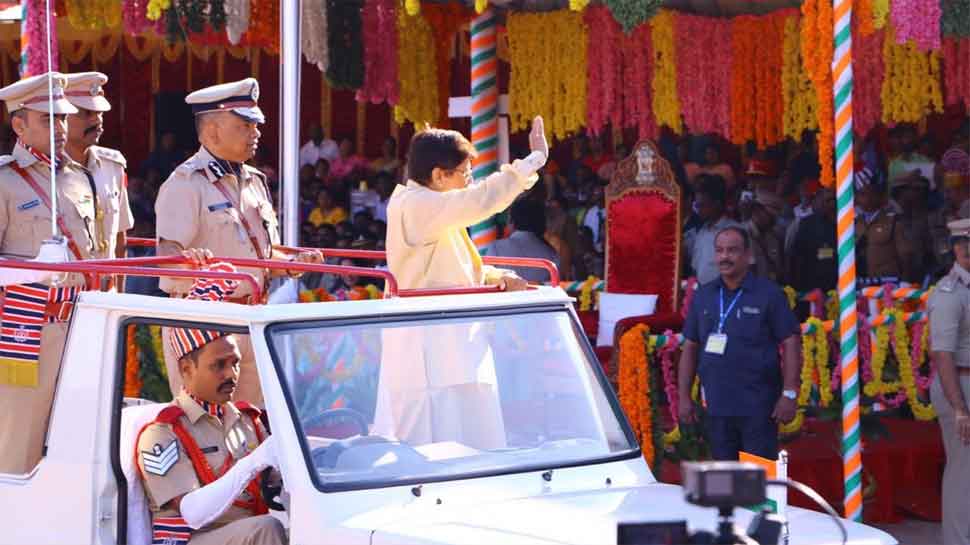 Kiran Bedi unfurls tricolour at R-day celebration in Puducherry