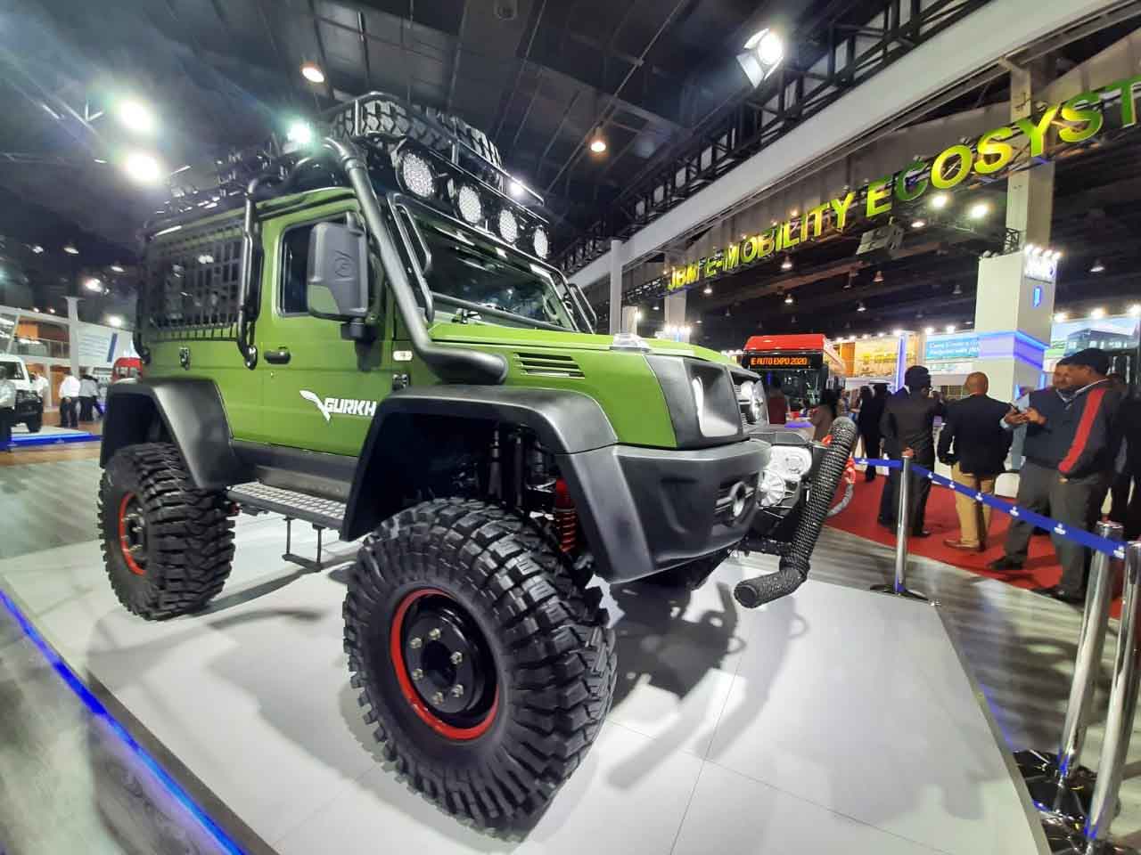 Force Gurkha Standard vehicle is displayed at the Auto Expo 2020