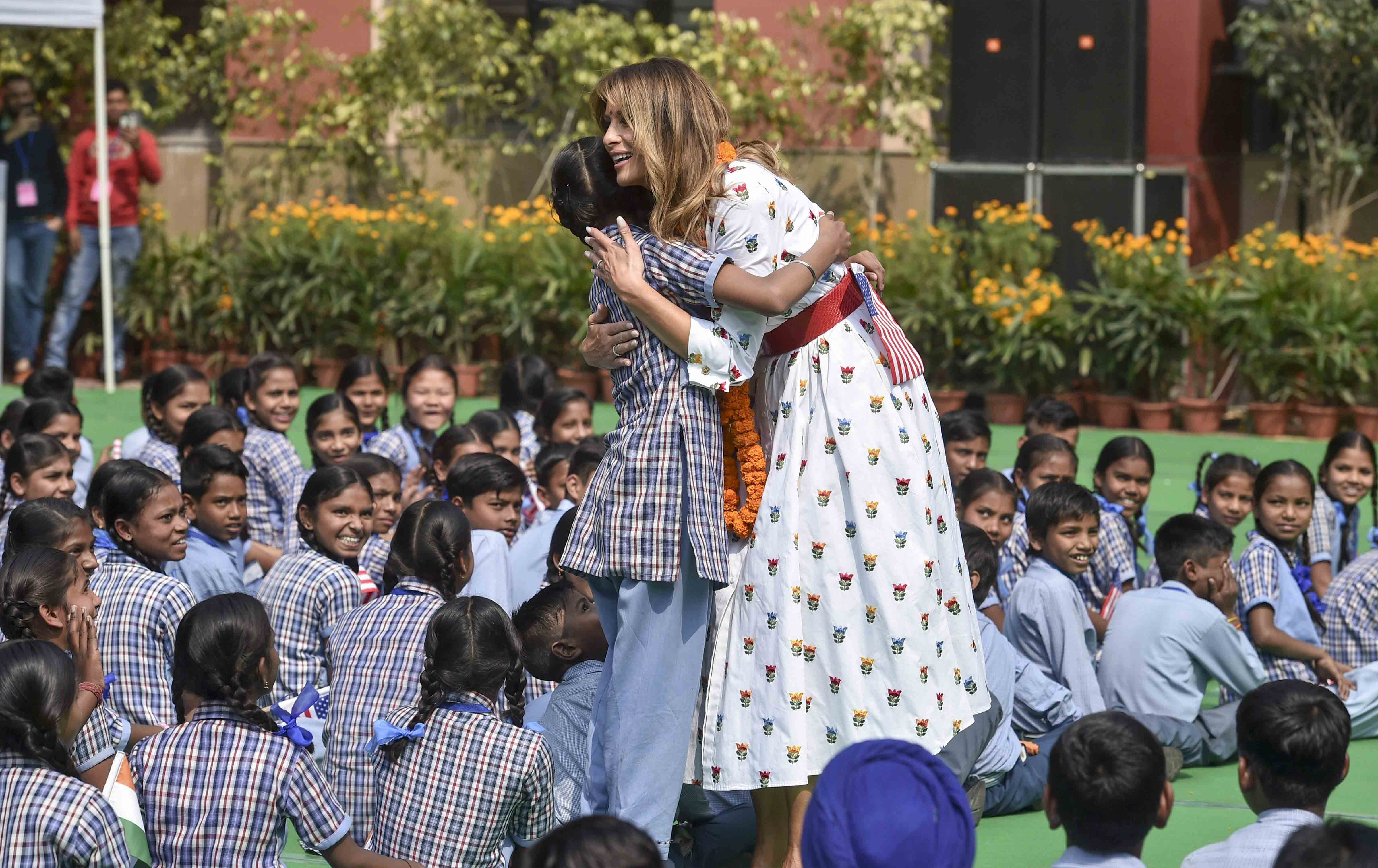 Photo Gallery US First Lady Melania Trump Welcomed With Tilak Aarti