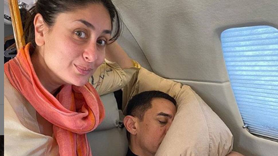 Kareena Kapoor shares in-flight pic with Aamir Khan but it&#039;s his pillow which hogs the limelight!