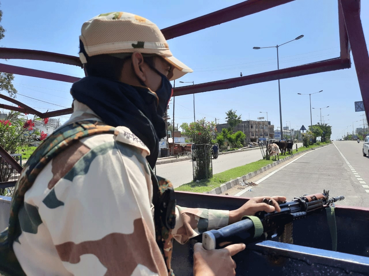 Security personnel checks movement of people during lockdown