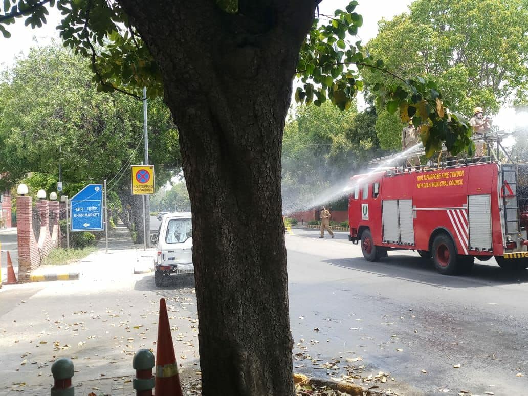 Fire fighting vehicles being used for sanitization 