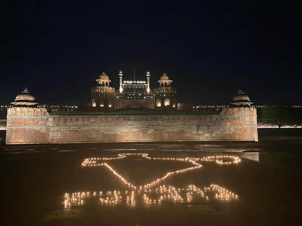 Earthen lamps lighted at Red Fort in Delhi