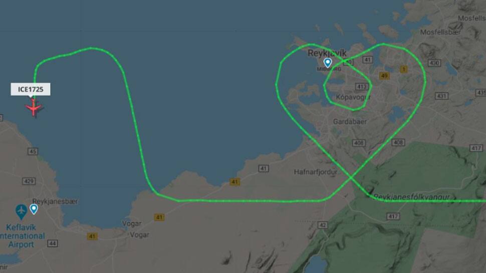 Icelandair aircraft draws big heart over Reykjavik city thanking medical staff fighting coronavirus COVID-19 pandemic